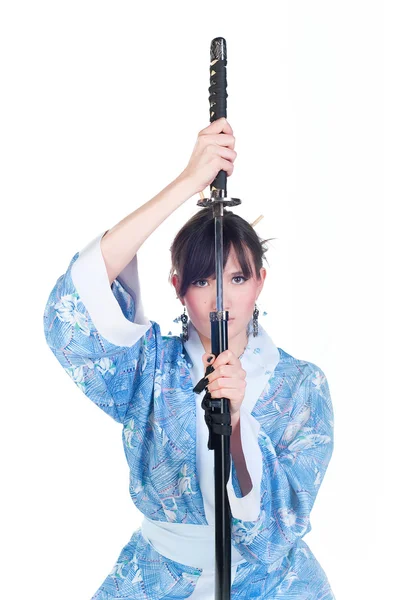Geisha en kimono azul con katana —  Fotos de Stock