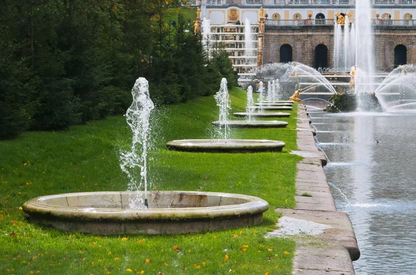 Πηγές σε χαμηλότερο πάρκο με το peterhof — Φωτογραφία Αρχείου