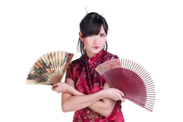 Geisha med två fläktar — Stockfoto