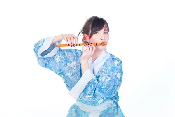 Gejša v modrém kimonu — Stock fotografie
