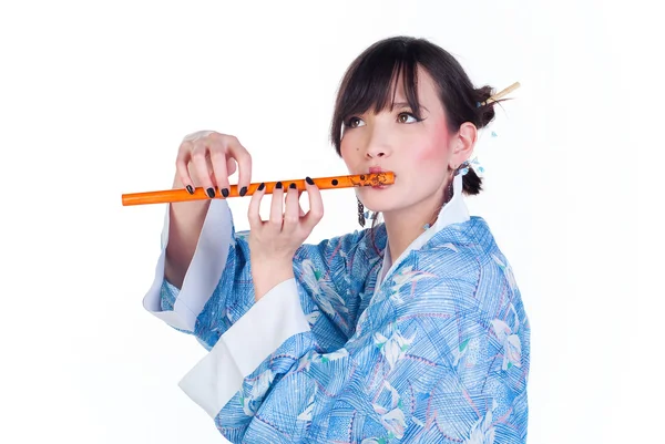 Гейша в синем кимоно — стоковое фото
