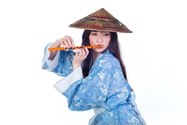 Geisha en kimono azul —  Fotos de Stock