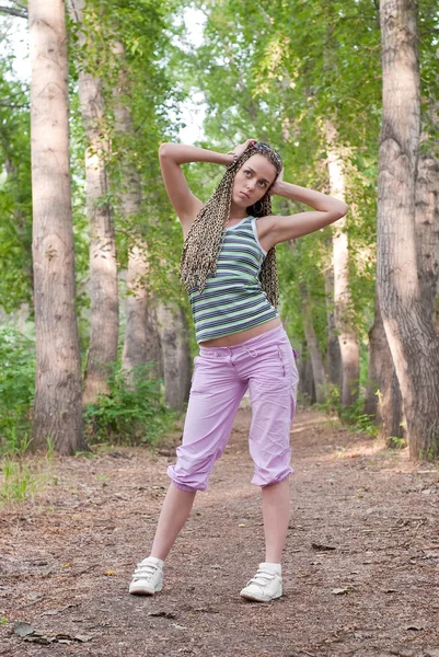 Girl in poplar forest — Stock Photo, Image
