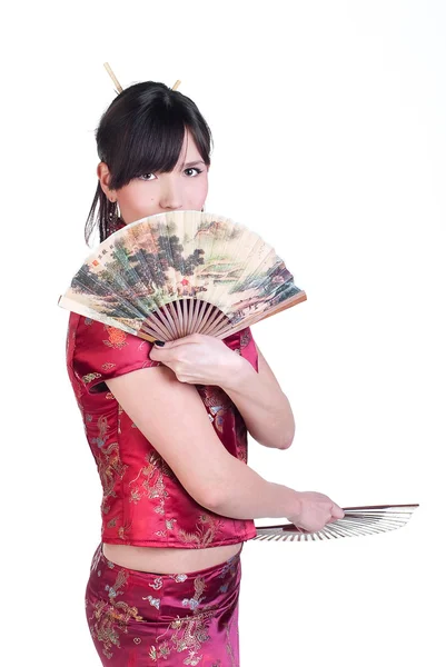Skönhet Geisha Med Två Trä Fans Isolerad Vit Bakgrund — Stockfoto