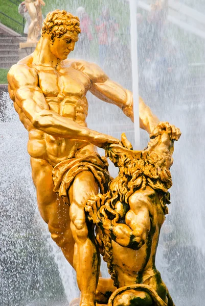 stock image Golden statue of Samson in lower park of Peterhof
