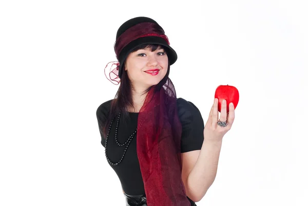 Chica Belleza Vestido Negro Con Manzana Roja Aislada Sobre Fondo — Foto de Stock