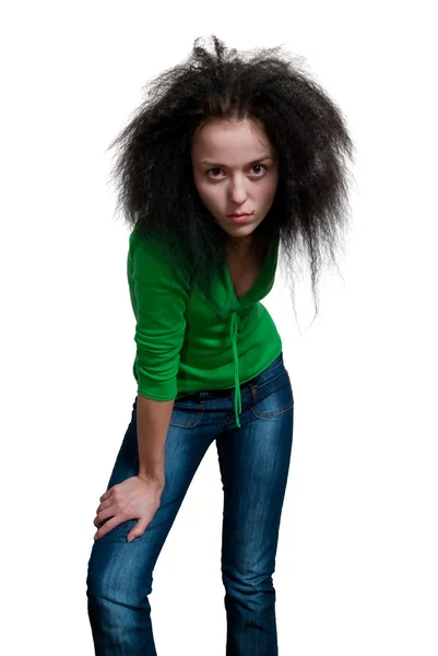 Piękna Dziewczyna Frizzle Włosów Tle — Zdjęcie stockowe