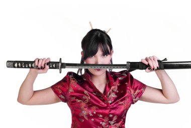 Beauty asian girl with katana isolated on white background clipart