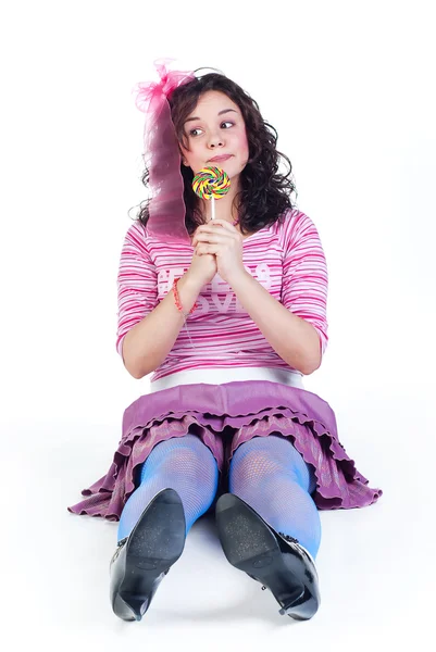 Skönhet Flicka Med Färgglada Lollipop Isolerad Vit Bakgrund — Stockfoto