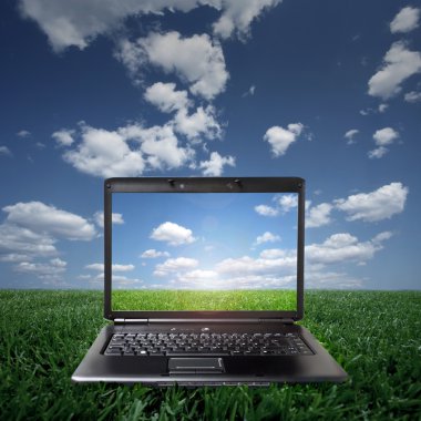güneşli bir günde yeşil çim üstünde laptop