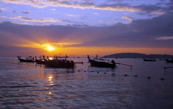 stock image Longtail boats on seashore at sunset, Thailand