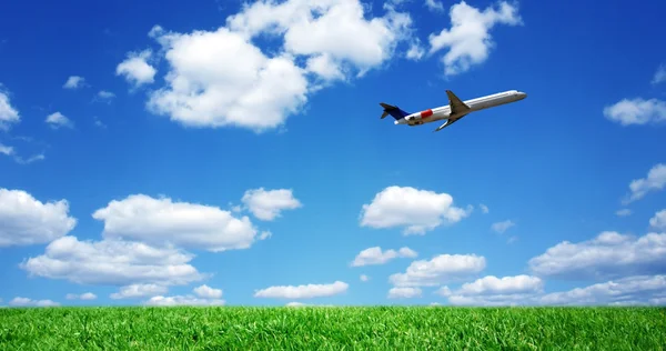 Avião sobre campo gramado — Fotografia de Stock