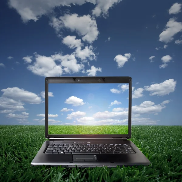 stock image Laptop on green grass on a sunny day