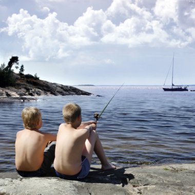 Two boys fishing clipart