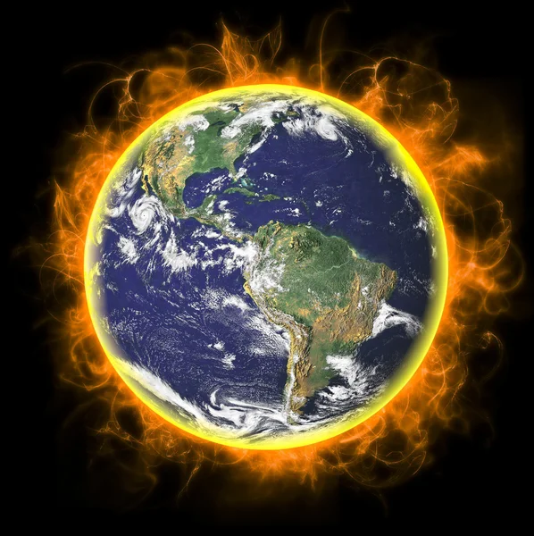 Prawdziwe ziemi planeta w kosmosie. w red fire. — Zdjęcie stockowe