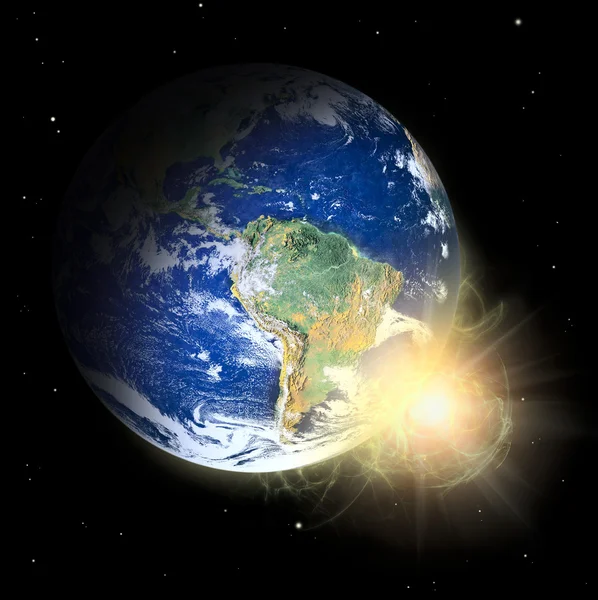 Planeta Terra Real em Sol Amarelo. Destaque da mancha solar . — Fotografia de Stock