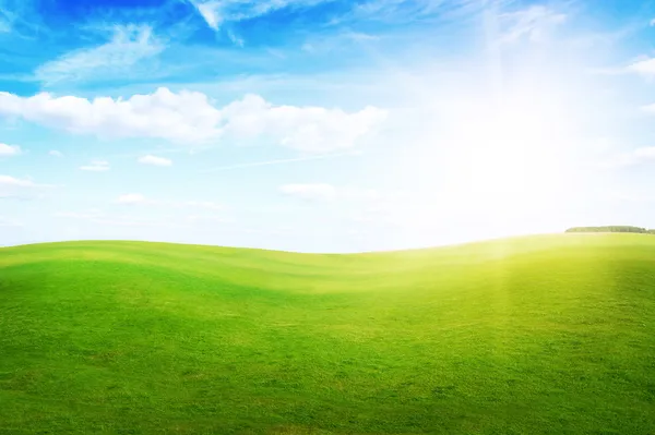 Groen gras heuvels onder middagzon in blauwe hemel. — Stockfoto