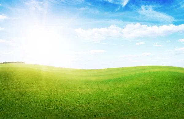 Gün ortasında güneş mavi gökyüzünün altında yeşil çim tepeler. — Stok fotoğraf