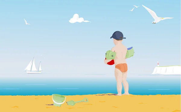海を見渡すビーチ上の少年 — ストックベクタ
