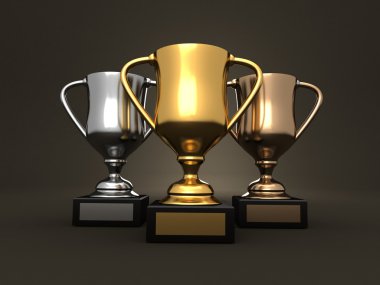 3d rendered image of three trophies clipart
