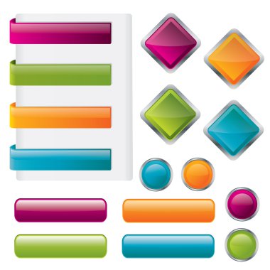 Modern glossy button set in four colors and different shape variations. clipart