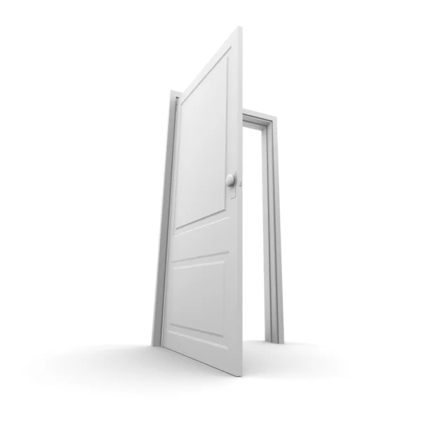 Geïsoleerde witte geopende deur - groothoek renderen — Stockfoto