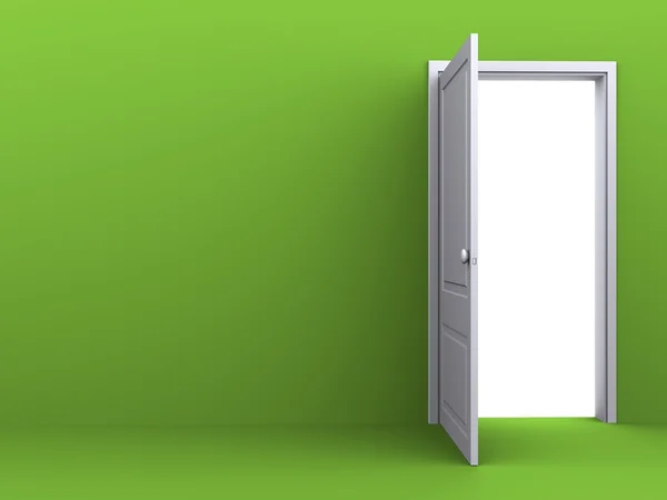 Branco abriu a porta na parede verde — Fotografia de Stock