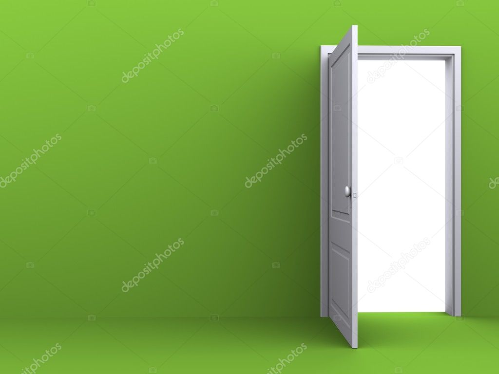White opened door in the green wall