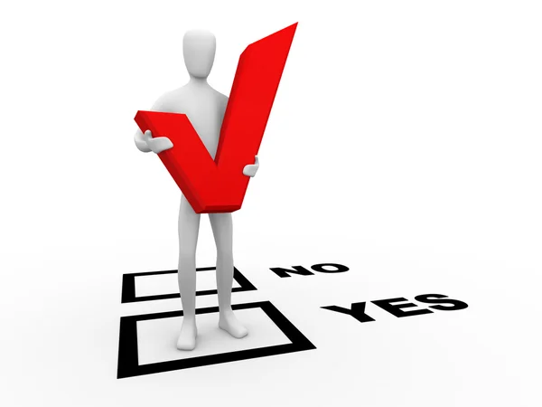 3d human standing on option yes with a check mark — Stock Photo, Image