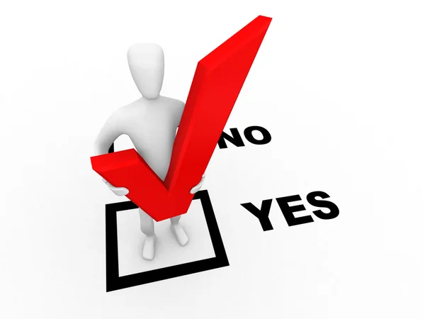 3d human with check mark standing in the yes option — Stock Photo, Image