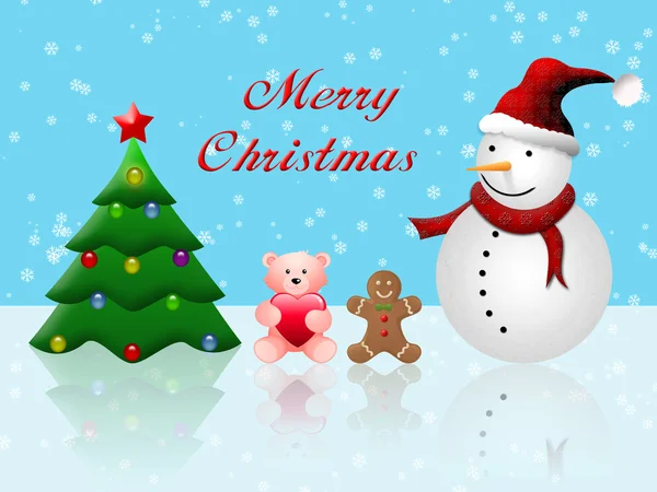 Frohe Weihnachten Postkarte mit Schneemann und Weihnachtsbaum — Stockfoto