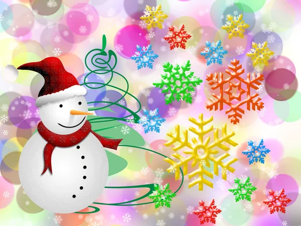 Weihnachtskarte mit Schneemann auf dem glücklichen Bokeh-Hintergrund — Stockfoto