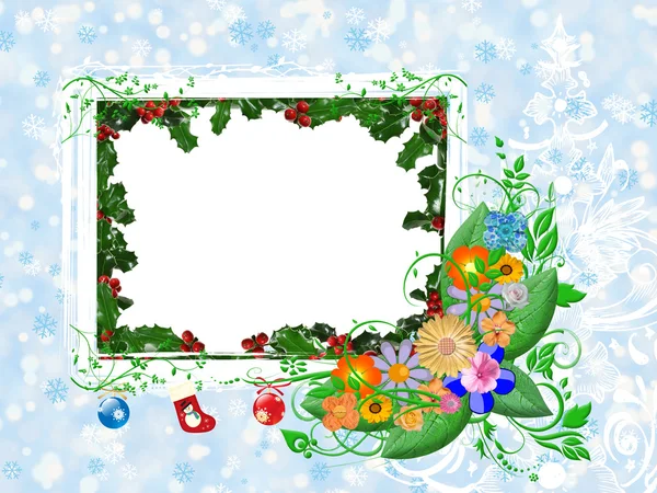 Carta per la vacanza invernale - biglietto di Natale con fiori — Foto Stock