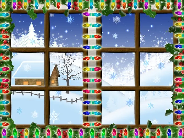 Vinterutsikt genom ett rustikt fönster — Stockfoto