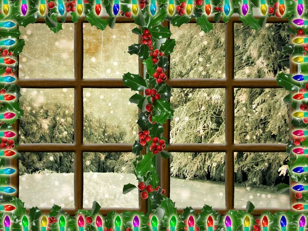 Μια θέα το χειμώνα μέσα από ένα ξύλινο ρουστίκ παράθυρο — Φωτογραφία Αρχείου