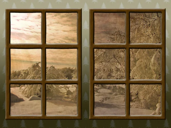 Ein Winterblick durch ein rustikales Holzfenster — Stockfoto