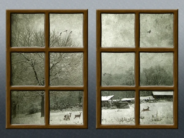 Una vista de invierno a través de una ventana rústica de madera —  Fotos de Stock