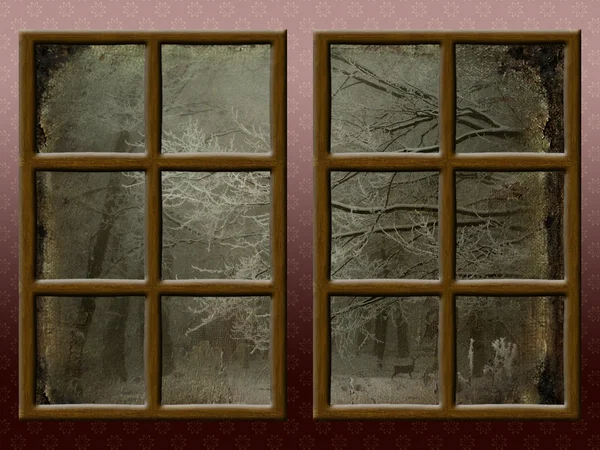 Ein Winterblick durch ein rustikales Holzfenster — Stockfoto