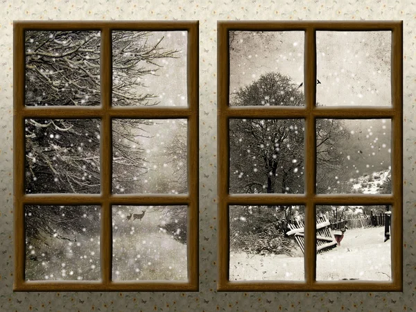 Een winter uitzicht door een bos rustieke venster — Stockfoto
