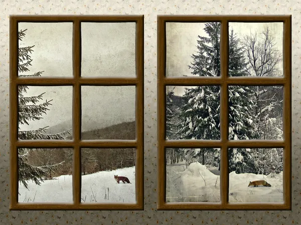 Ein Winterblick durch ein rustikales Holzfenster Stockbild