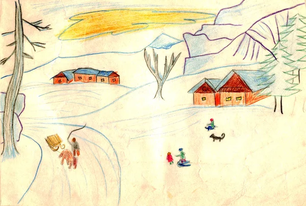 La escena rural invernal - el dibujo a mano viejo — Foto de Stock