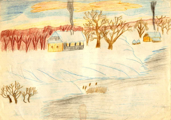 Obszarów wiejskich zimowa scena - stary rysunek obraz — Zdjęcie stockowe