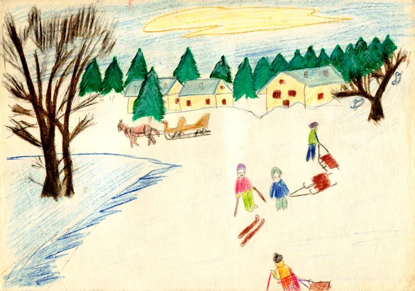 Stary rysunek obraz - rustykalny zimowa scena — Zdjęcie stockowe