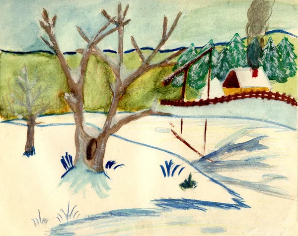 El dibujo a mano viejo - la escena rústica invernal — Foto de Stock