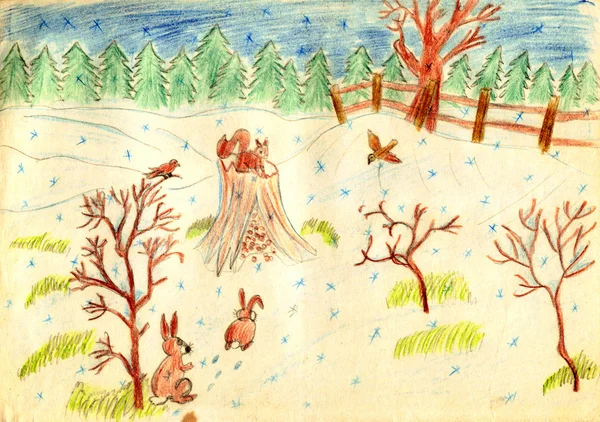 An old hand drawing picture - rustic winter scene — Stock Photo, Image