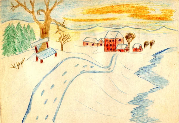 Eski Bir Tarafından Çocuk Rustik Kış Sahne Resim Çizim — Stok fotoğraf