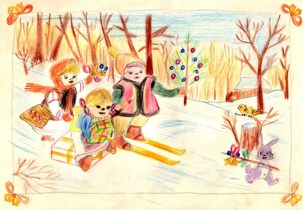 Eski Bir Tarafından Çocuk Rustik Kış Sahne Resim Çizim — Stok fotoğraf