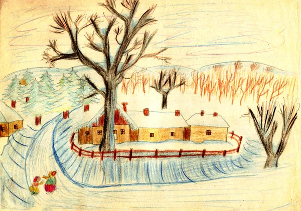 Obszarów Wiejskich Zimowa Scena Starym Wyjadaczem Rysunek Obraz Przez Dziecko — Zdjęcie stockowe