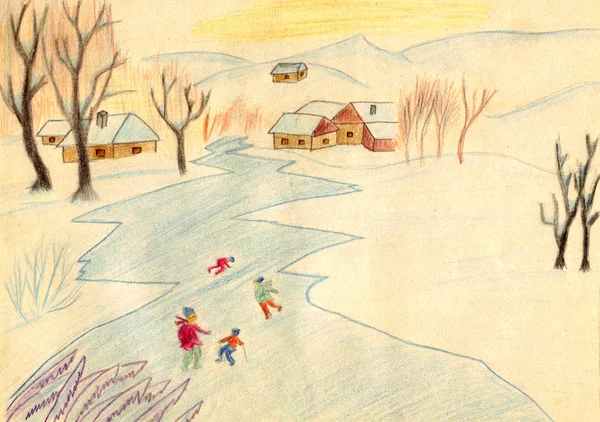 Cena de inverno rural - um quadro de desenho de mão velho — Fotografia de Stock