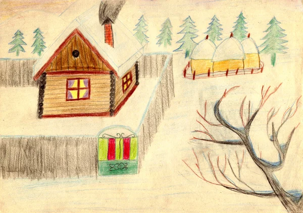 Cena Inverno Rural Quadro Desenho Mão Velha Por Uma Criança — Fotografia de Stock